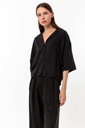 Kadın Keten Oversize Gömlek Palazzo Pantolon İkili Takım Siyah