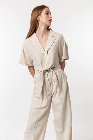 Kadın Bağlama detaylı Gömlek Pantolon Keten Takım