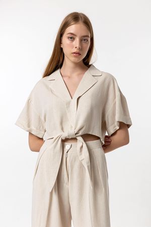 Kadın Bağlama detaylı Gömlek Pantolon Keten Takım