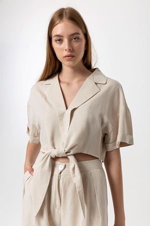 Kadın Bağlama detaylı Gömlek Pantolon Keten Takım