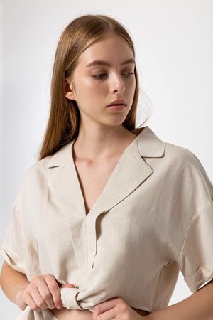 Kadın Bağlama detaylı Gömlek Pantolon Keten Takım