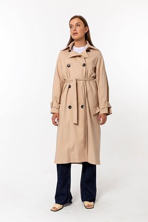 Kadın Uzun Astarlı Gabardin Trençkot  Açık Bej