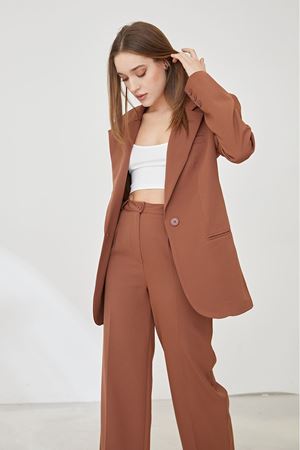 Kadın Palazzo Ceket Pantolon Takım Kahve